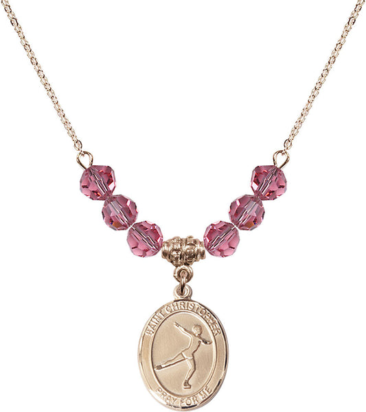 14kt Gold Filled Saint Christopher/Figure Skating Birthstone Necklace with Rose Beads - 8139