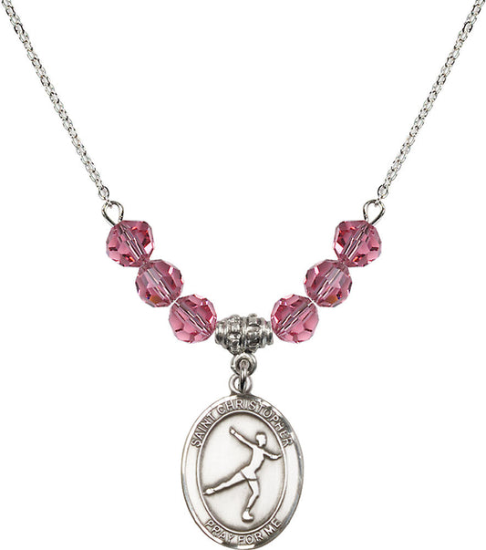Sterling Silver Saint Christopher/Figure Skating Birthstone Necklace with Rose Beads - 8139
