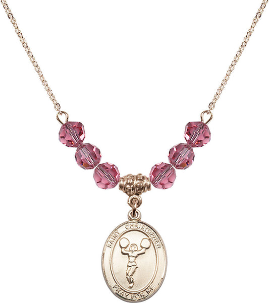 14kt Gold Filled Saint Christopher/Cheerleading Birthstone Necklace with Rose Beads - 8140