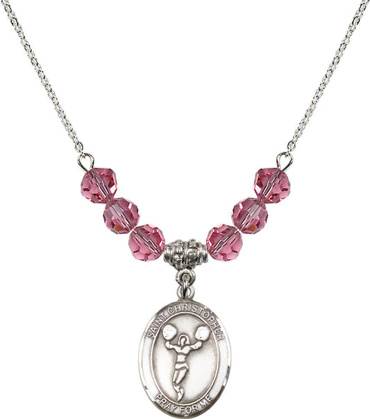Sterling Silver Saint Christopher/Cheerleading Birthstone Necklace with Rose Beads - 8140