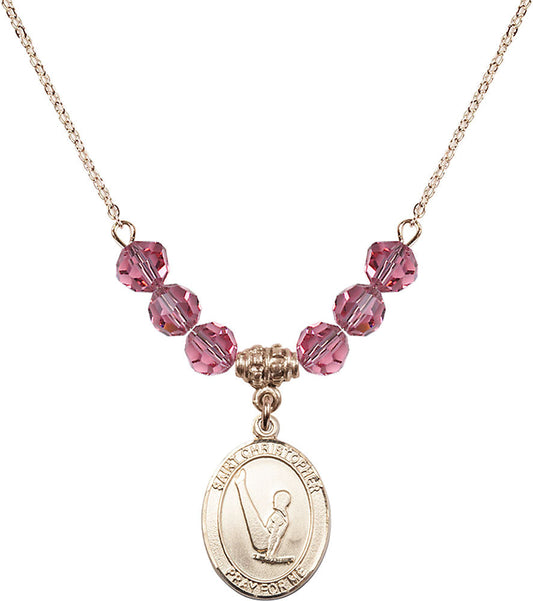 14kt Gold Filled Saint Christopher/Gymnastics Birthstone Necklace with Rose Beads - 8142