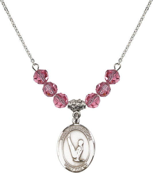 Sterling Silver Saint Christopher/Gymnastics Birthstone Necklace with Rose Beads - 8142