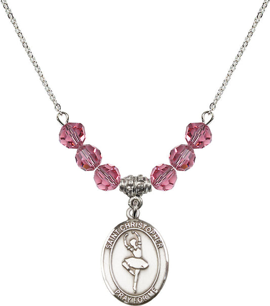Sterling Silver Saint Christopher/Dance Birthstone Necklace with Rose Beads - 8143