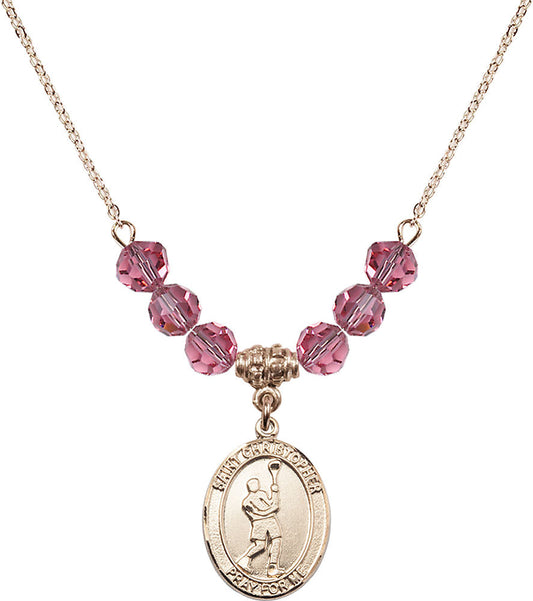 14kt Gold Filled Saint Christopher/Lacrosse Birthstone Necklace with Rose Beads - 8144