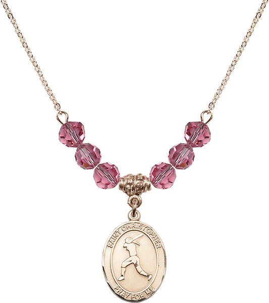 14kt Gold Filled Saint Christopher/Softball Birthstone Necklace with Rose Beads - 8145