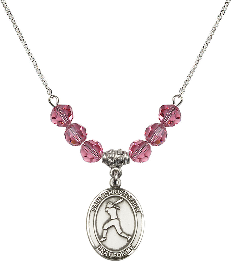 Sterling Silver Saint Christopher/Softball Birthstone Necklace with Rose Beads - 8145