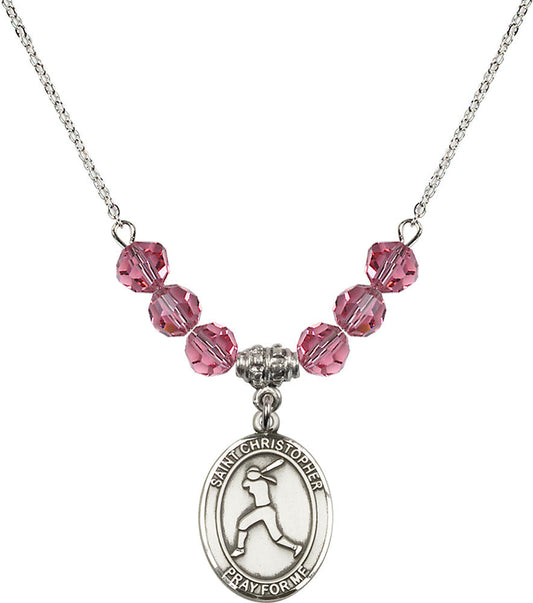 Sterling Silver Saint Christopher/Softball Birthstone Necklace with Rose Beads - 8145