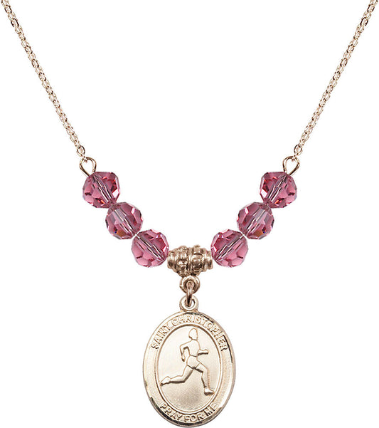 14kt Gold Filled Saint Christopher/Track & Field Birthstone Necklace with Rose Beads - 8149
