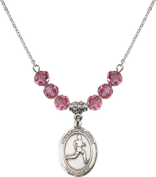 Sterling Silver Saint Christopher/Track & Field Birthstone Necklace with Rose Beads - 8149