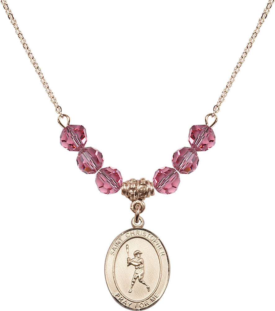 14kt Gold Filled Saint Christopher/Baseball Birthstone Necklace with Rose Beads - 8150