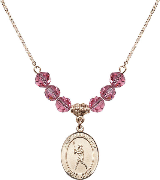 14kt Gold Filled Saint Christopher/Baseball Birthstone Necklace with Rose Beads - 8150