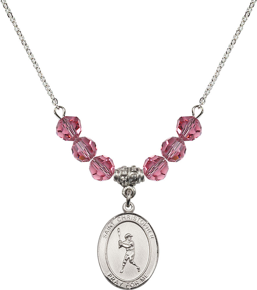 Sterling Silver Saint Christopher/Baseball Birthstone Necklace with Rose Beads - 8150