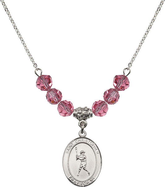 Sterling Silver Saint Christopher/Baseball Birthstone Necklace with Rose Beads - 8150