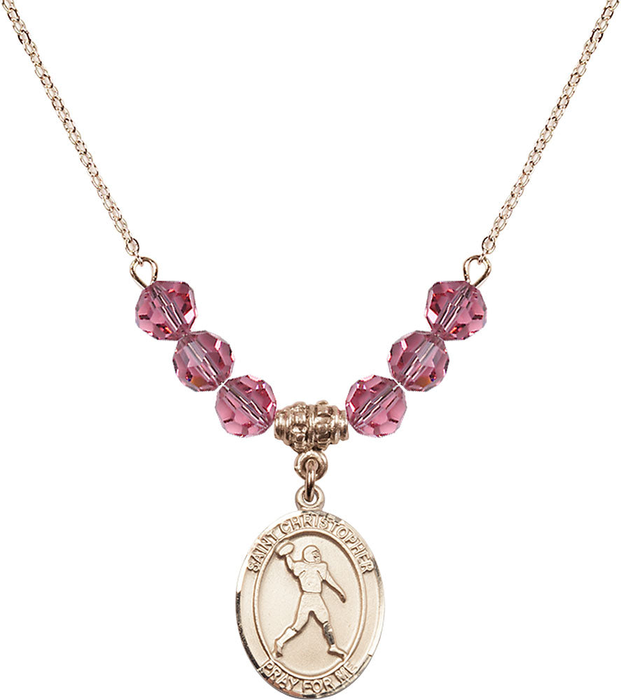 14kt Gold Filled Saint Christopher/Football Birthstone Necklace with Rose Beads - 8151