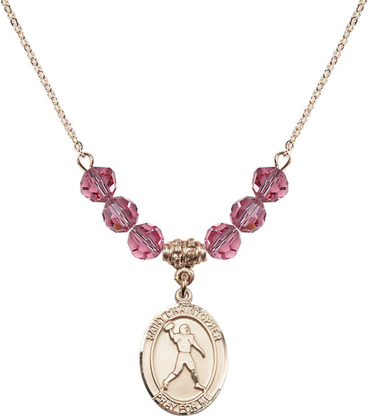 14kt Gold Filled Saint Christopher/Football Birthstone Necklace with Rose Beads - 8151