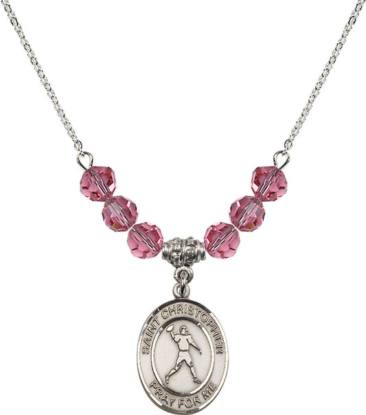 Sterling Silver Saint Christopher/Football Birthstone Necklace with Rose Beads - 8151