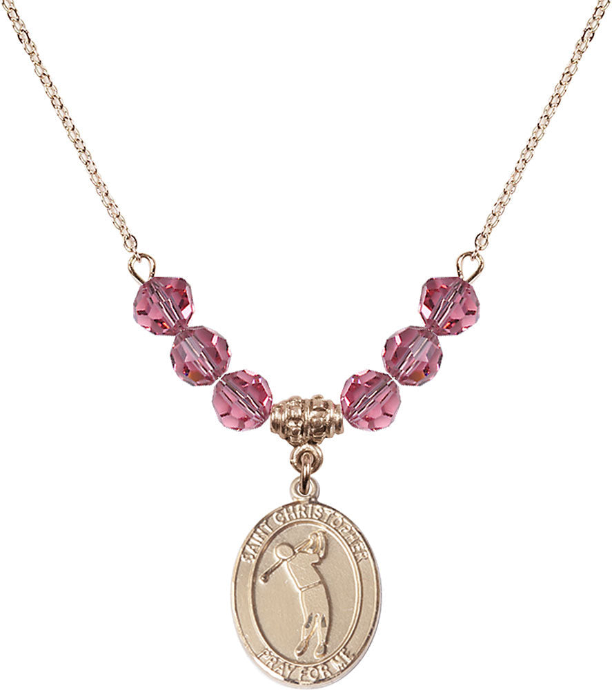 14kt Gold Filled Saint Christopher/Golf Birthstone Necklace with Rose Beads - 8152