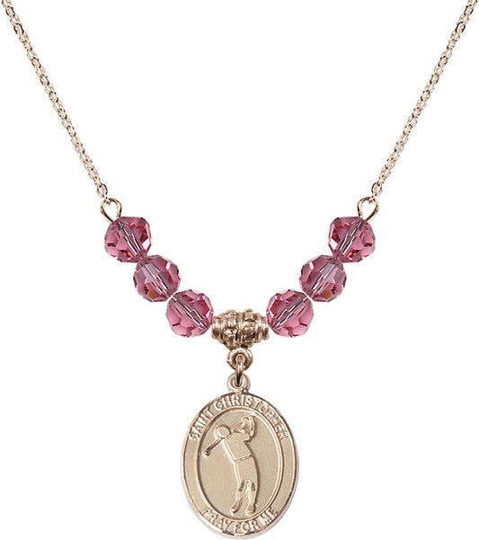 14kt Gold Filled Saint Christopher/Golf Birthstone Necklace with Rose Beads - 8152