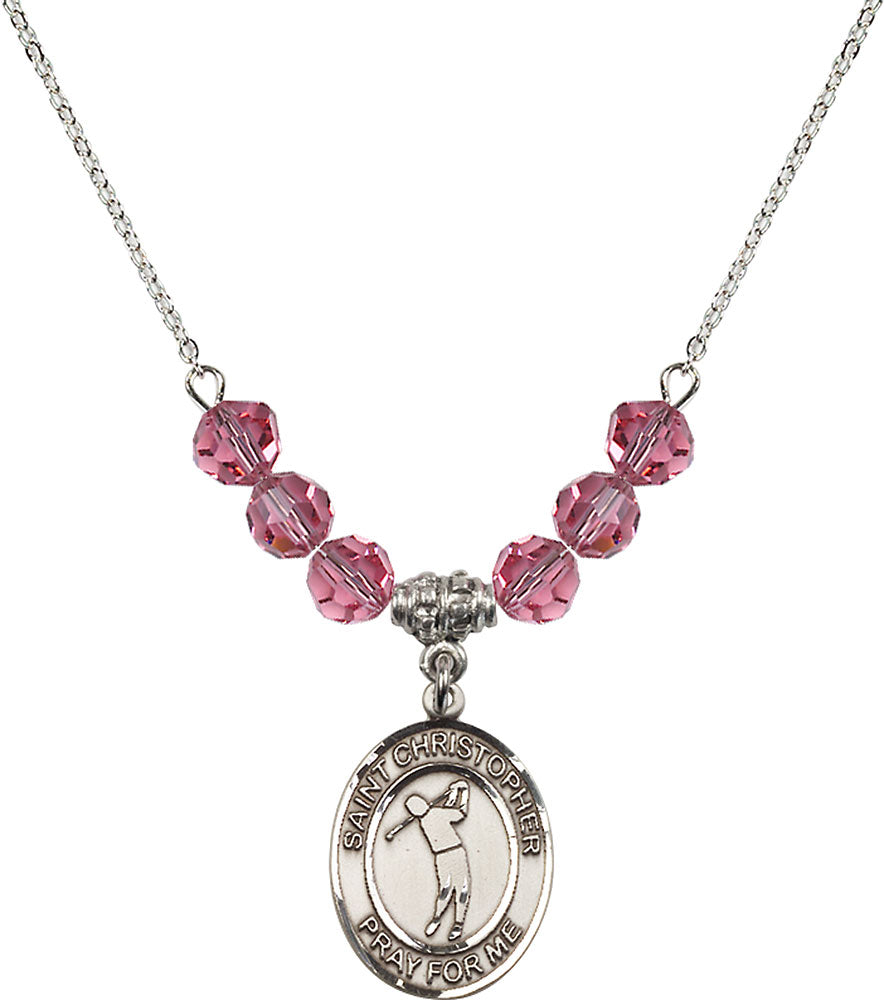 Sterling Silver Saint Christopher/Golf Birthstone Necklace with Rose Beads - 8152