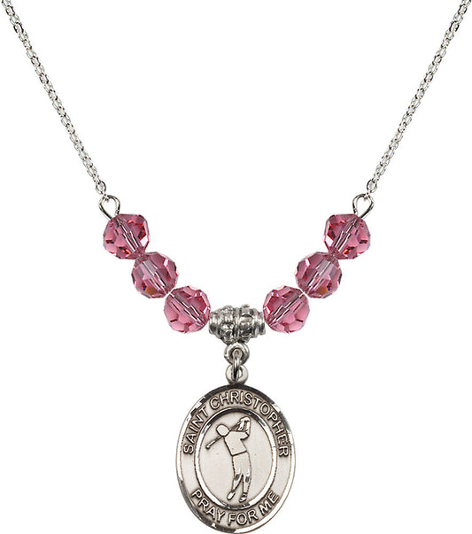 Sterling Silver Saint Christopher/Golf Birthstone Necklace with Rose Beads - 8152