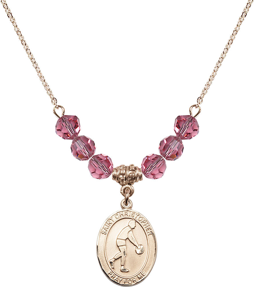 14kt Gold Filled Saint Christopher/Basketball Birthstone Necklace with Rose Beads - 8153