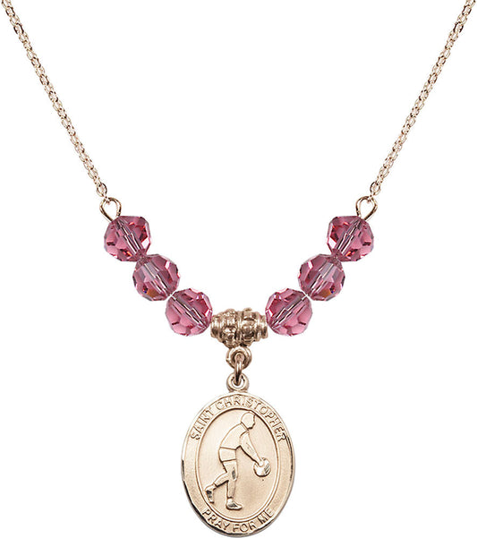 14kt Gold Filled Saint Christopher/Basketball Birthstone Necklace with Rose Beads - 8153