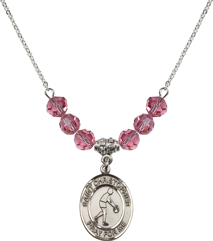 Sterling Silver Saint Christopher/Basketball Birthstone Necklace with Rose Beads - 8153