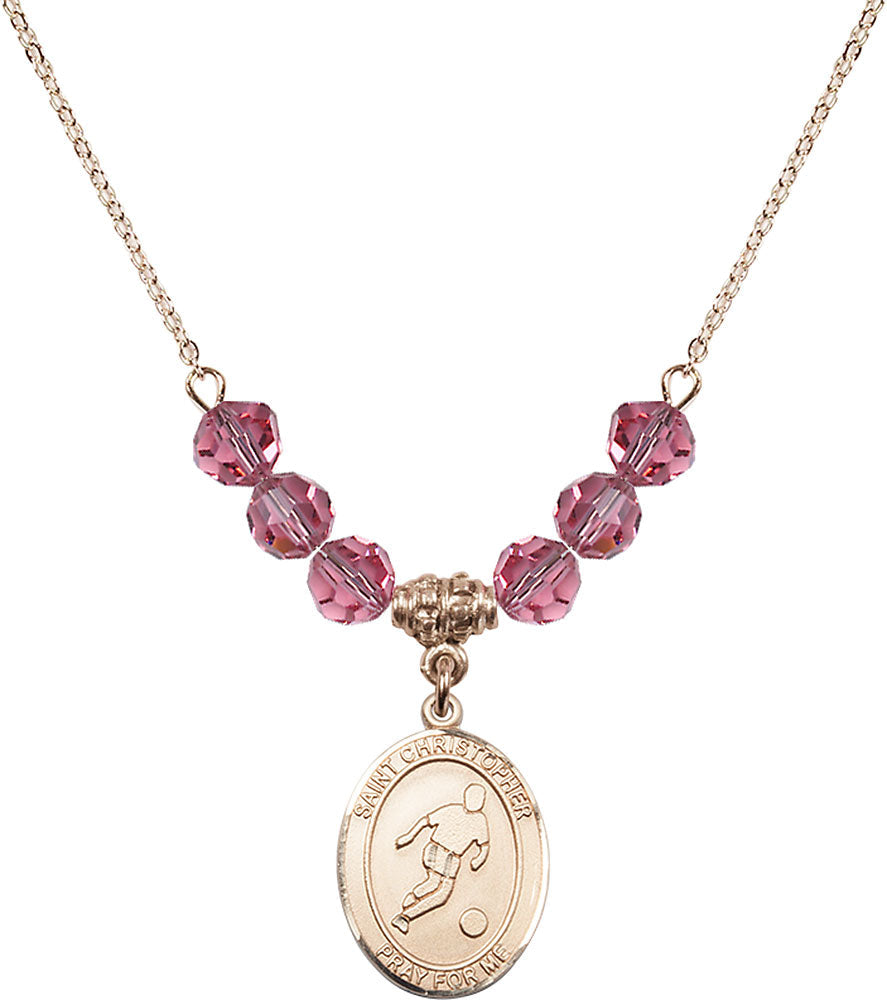 14kt Gold Filled Saint Christopher/Soccer Birthstone Necklace with Rose Beads - 8154