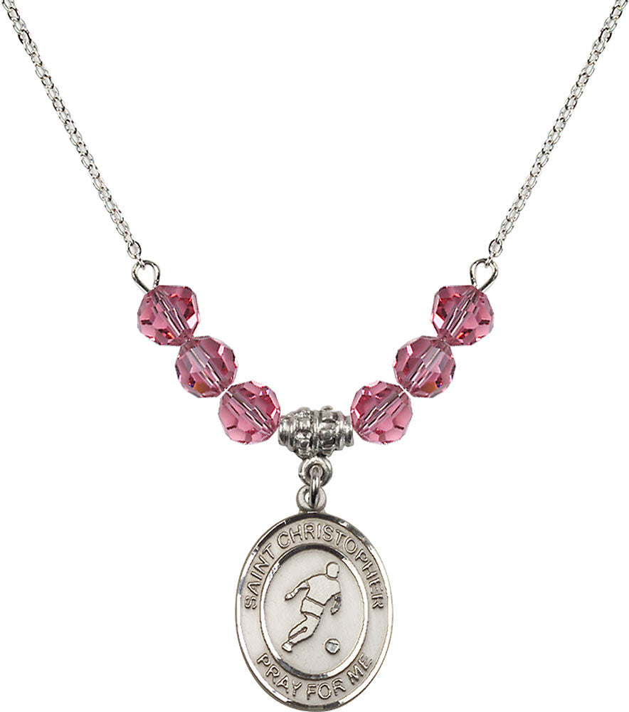 Sterling Silver Saint Christopher/Soccer Birthstone Necklace with Rose Beads - 8154