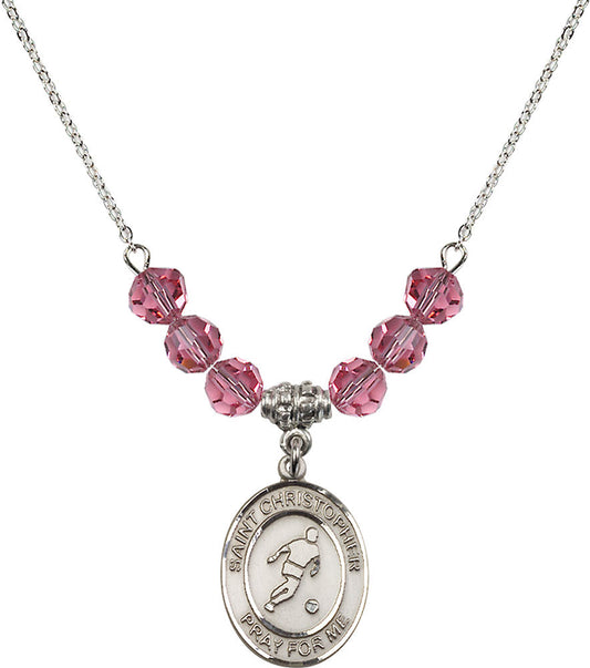 Sterling Silver Saint Christopher/Soccer Birthstone Necklace with Rose Beads - 8154