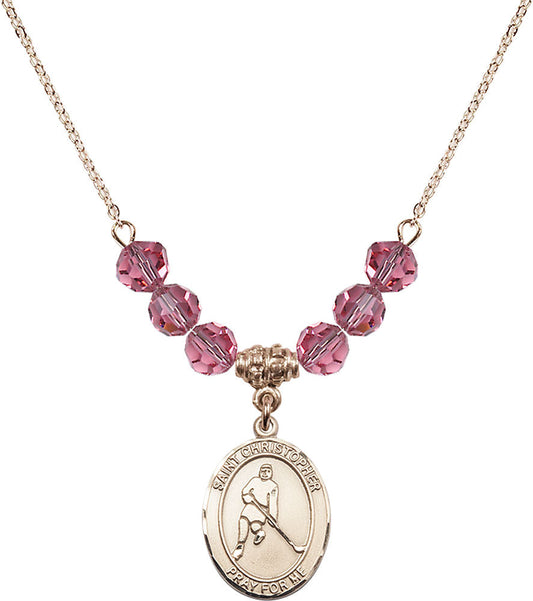 14kt Gold Filled Saint Christopher/Ice Hockey Birthstone Necklace with Rose Beads - 8155