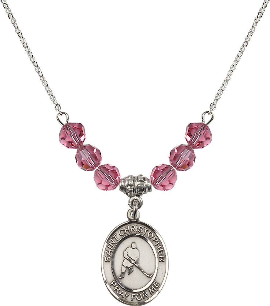 Sterling Silver Saint Christopher/Ice Hockey Birthstone Necklace with Rose Beads - 8155