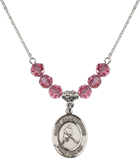 Sterling Silver Saint Christopher/Ice Hockey Birthstone Necklace with Rose Beads - 8155
