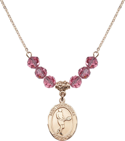 14kt Gold Filled Saint Christopher/Tennis Birthstone Necklace with Rose Beads - 8156