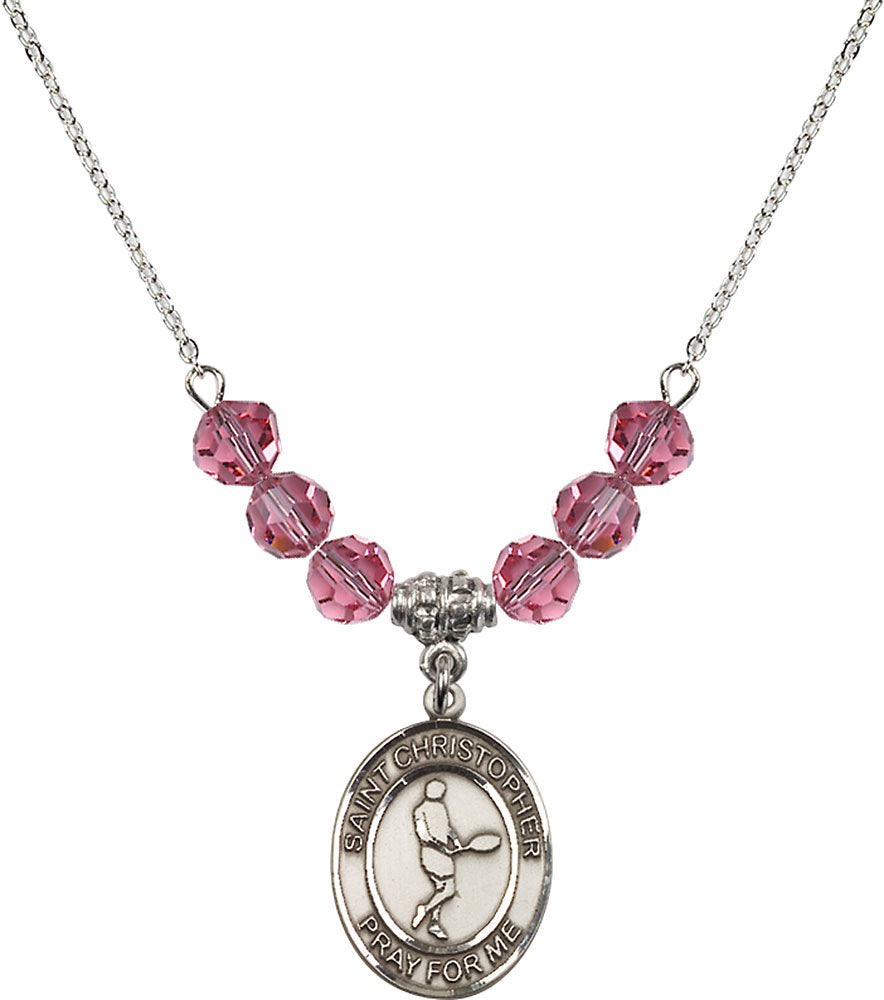 Sterling Silver Saint Christopher/Tennis Birthstone Necklace with Rose Beads - 8156