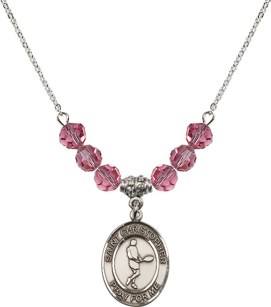 Sterling Silver Saint Christopher/Tennis Birthstone Necklace with Rose Beads - 8156