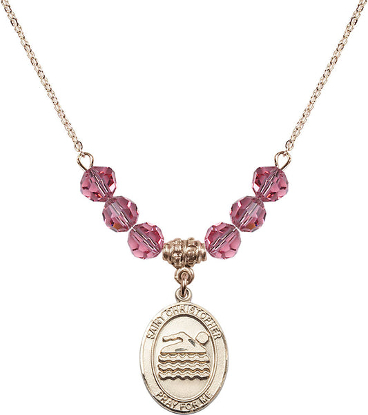 14kt Gold Filled Saint Christopher/Swimming Birthstone Necklace with Rose Beads - 8157