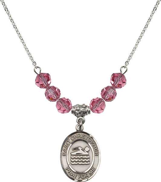 Sterling Silver Saint Christopher/Swimming Birthstone Necklace with Rose Beads - 8157