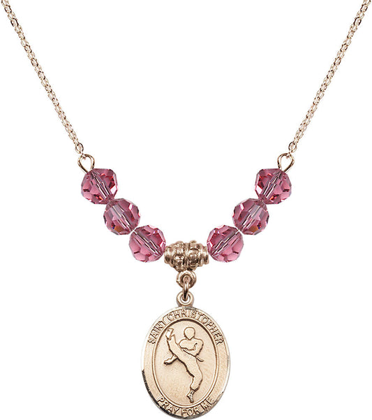 14kt Gold Filled Saint Christopher/Martial Arts Birthstone Necklace with Rose Beads - 8158