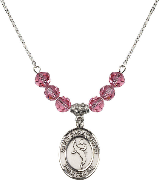 Sterling Silver Saint Christopher/Martial Arts Birthstone Necklace with Rose Beads - 8158