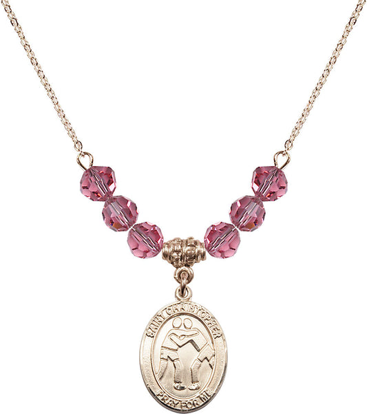 14kt Gold Filled Saint Christopher/Wrestling Birthstone Necklace with Rose Beads - 8159