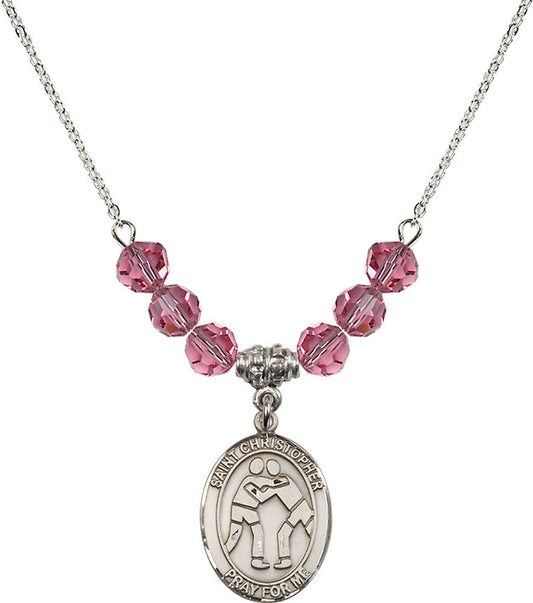 Sterling Silver Saint Christopher/Wrestling Birthstone Necklace with Rose Beads - 8159