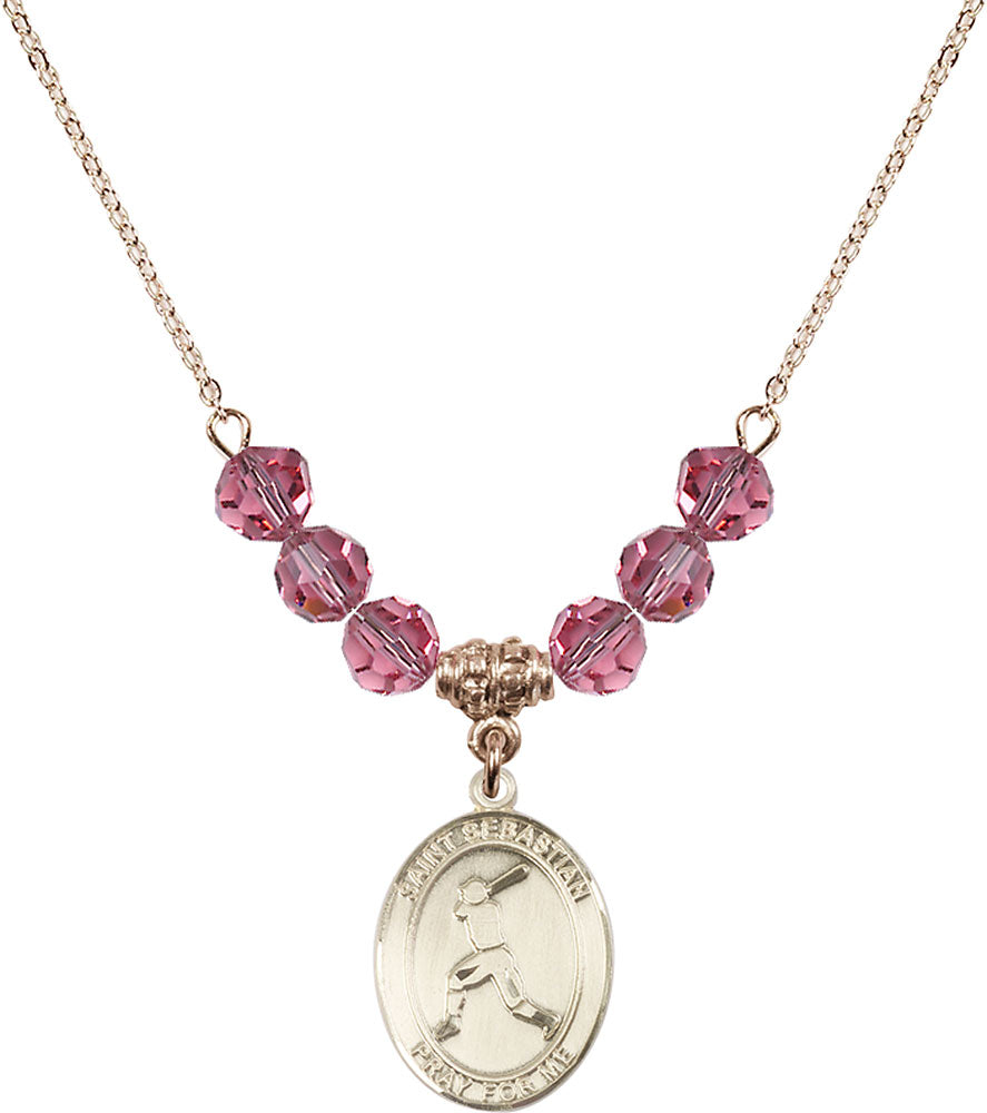 14kt Gold Filled Saint Sebastian/Baseball Birthstone Necklace with Rose Beads - 8160