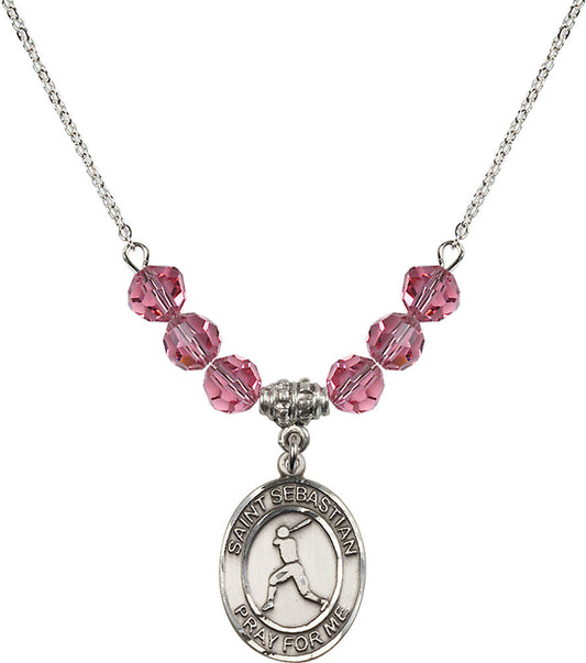 Sterling Silver Saint Sebastian/Baseball Birthstone Necklace with Rose Beads - 8160