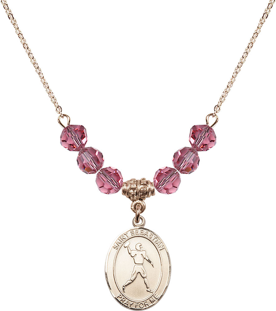 14kt Gold Filled Saint Sebastian/Football Birthstone Necklace with Rose Beads - 8161