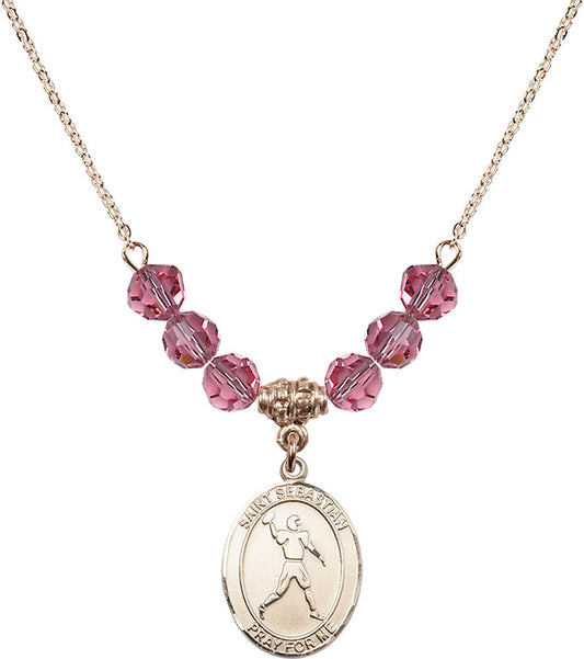 14kt Gold Filled Saint Sebastian/Football Birthstone Necklace with Rose Beads - 8161