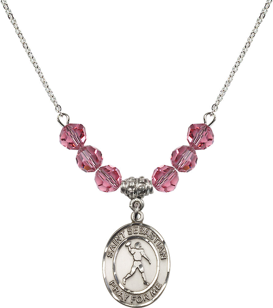Sterling Silver Saint Sebastian/Football Birthstone Necklace with Rose Beads - 8161