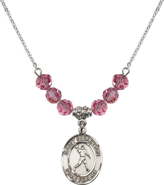 Sterling Silver Saint Sebastian/Football Birthstone Necklace with Rose Beads - 8161