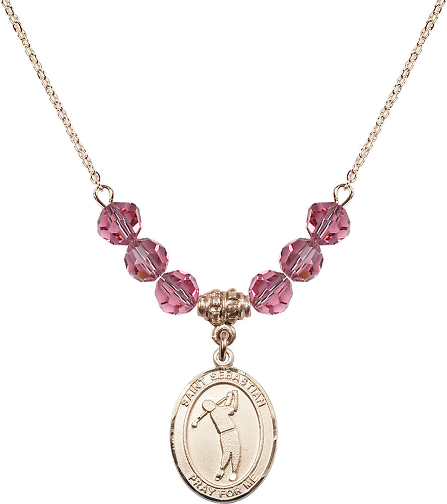 14kt Gold Filled Saint Sebastian/Golf Birthstone Necklace with Rose Beads - 8162