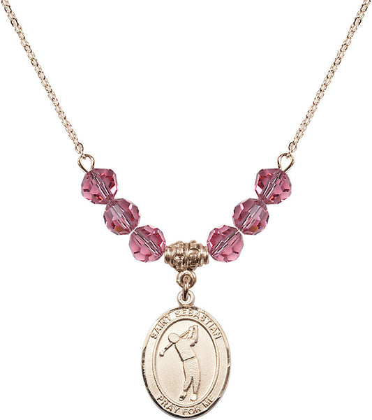 14kt Gold Filled Saint Sebastian/Golf Birthstone Necklace with Rose Beads - 8162